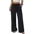 Detail of black wide-leg trousers featuring elastic drawstring waist and side pockets - Black