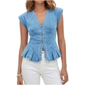 Women's V-neck light blue denim sleeveless top with button closure and ruffled waist hemline - S / Light Blue