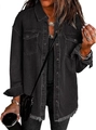 Close-up of black washed denim shirt jacket featuring raw frayed hem and utility pockets - Black