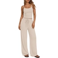 Women's two-piece set featuring beige camisole top and wide-leg trousers with drawstring - S / Top And Bottom / Apricot