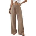 Pantalon femme taille haute jambe large kaki avec taille élastique froncée et maille côtelée - S / Chameau