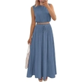 Detail of light blue cotton linen set showing fabric texture and drawstring waist skirt - Aqua
