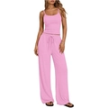 Pink two-piece loungewear set with spaghetti strap top and drawstring wide leg trousers - S / Top And Bottom / Pink