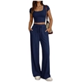Set casual due pezzi blu scuro con crop top aderente e pantaloni ampi a vita alta - Blu navy