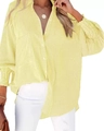 Detail of loose striped shirt featuring button-up collar and elastic pleated cuffs - Yellow