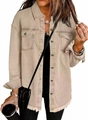Detail of light beige denim jacket featuring chest pockets and a frayed raw hem finish - S / Tops / Khaki
