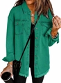 Detail of green frayed hem denim jacket featuring dual chest pockets and button-down style - S / Tops / Green