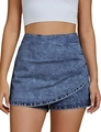 Detailed close-up of high-waisted asymmetric denim skort with vintage snow wash blue texture - S / Bottoms / Dark Blue