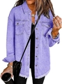 Detail of purple denim jacket featuring raw frayed hem and chest flap pockets - Lavender