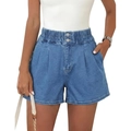 Pantaloncini di jeans a vita alta da donna con elastico in vita e bottoni doppi blu - S / Blu scuro