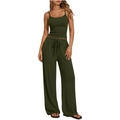 Women's 2-piece lounge set with slim dark green camisole and wide-leg drawstring pants - Army Green