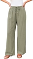 Detail of high waist wide leg pants showing drawstring waist and white button accents - S / Green