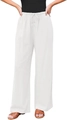 Detail of high waisted white wide leg trousers featuring drawstring and button design - S / White