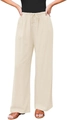 Detail van de hoge elastische taille met trekkoord en knopen op de beige wijde broek - Abrikoos