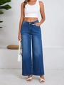Detail of high waisted wide leg jeans with vintage cat whisker wash and faded texture - S / Dark Blue