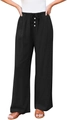 Detail of high waisted wide leg pants featuring drawstring waist and three white buttons - S / Black