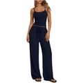 Women's 2-piece lounge set with navy blue ribbed camisole and drawstring wide-leg pants - Navy Blue
