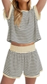 Close-up of waffle knit texture on striped two-piece lounge set with elastic waistband - Off White