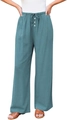 Detailweergave van donkergroene broek met wijde pijpen, elastisch trekkoord en witte knopen - Teal
