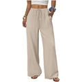 Women's casual wide-leg pants in beige featuring elastic drawstring waist and side pockets - Apricot