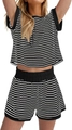 Detail of women's summer two-piece leisure set with black and white horizontal stripes - S / Black