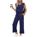 Dames set met mouwloze V-hals top en wijde cropped broek in donkerblauwe kleur - S / Marineblauw