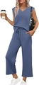 Detail view of the V-neck sleeveless top and drawstring wide-leg pants in dusty blue - Sapphire Blue