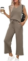 Detail of taupe sleeveless V-neck top and wide-leg drawstring pants with side pockets - Khaki