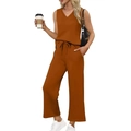 Detail of caramel v-neck sleeveless top and high-waist drawstring wide-leg pants - Orange Red