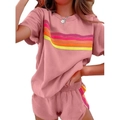 Roze dames lounge set met T-shirt met korte mouwen en korte broek met neon gekleurde strepen - S / Roze