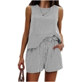 Women's summer two-piece outfit featuring black and white vertical striped sleeveless top - S / Black Stripe
