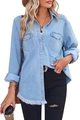Dettaglio della camicia di jeans azzurra con colletto classico e bordo con frange sfilacciate - S / Azzurro
