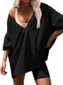 Detailansicht Damen Oversized V-Ausschnitt Oberteil mit Fledermausärmeln und Seitenschlitzen - S / Schwarz
