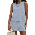 Women's summer two-piece set with blue vertical stripes and tiered hem top and shorts - S / Blue Striped