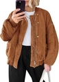 Detail of caramel brown quilted bomber jacket with wave stitching and ribbed collar - S / Dark Brown