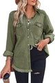 Dettaglio camicia di denim verde militare con orlo sfilacciato e taschini sul petto - S / Verde Militare