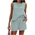 Women's two-piece green vertical striped sleeveless top and matching shorts set - S / Green Stripe