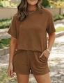 Detail of ribbed texture on brown summer two-piece short set with elastic waist - Dark Brown
