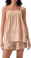 Detail of peach pink striped loungewear set with ruched bust and slim straps - Khaki