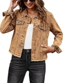 Detail of distressed tan denim jacket featuring frayed hem and vintage metallic buttons - S / Khaki