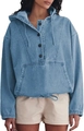 Detail van lichtblauwe denim hoodie met geknoopte halslijn en kangoeroezak voor dames - S / Middenblauw & Wit