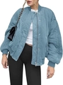 Detail of blue-grey quilted bomber jacket featuring wavy stitching and ribbed trims - S / Lake Blue