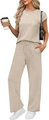 Detalle de conjunto beige casual con camiseta de bolsillo y pantalón ancho con cordón - S / Albaricoque