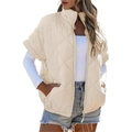 Women's beige quilted puffer vest with standing collar, zipper pockets, and diamond pattern - S / Apricot