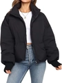Detail of black puffer jacket with standing collar and ribbed windproof sleeve cuffs - S / Black