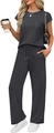 Detail of dark grey lounge set showing pocket tee and wide-leg pants with drawstring - Dark Gray