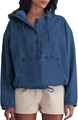 Detail van donkerblauwe denim hoodie met knopen, capuchon en een handige kangoeroezak - S / Donkerblauw