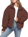 Detail of female brown short puffer jacket with stand collar and ribbed elastic cuffs - Brown