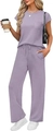 Detail of lavender casual lounge set showing crewneck pocket tee and drawstring wide-leg pants - Light Purple