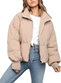Detail of windproof ribbed cuffs and silver metal zipper on beige puffer jacket - Khaki